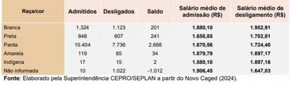 Participa&ccedil;&atilde;o no saldo de empregos, por cor ou ra&ccedil;a autodeclarada no Piau&iacute; (maio/2024) (Imagem:Elaborado pela Superintend&ecirc;ncia CEPRO/SEPLAN a par)