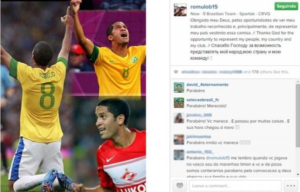 R&ocirc;mulo festeja segunda convoca&ccedil;&atilde;o seguida na nova era Dunga.(Imagem:Reprodu&ccedil;&atilde;o/Instagram)