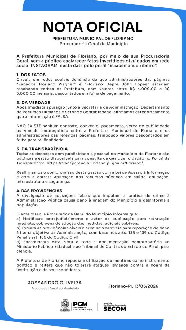 Prefeitura de Floriano divulga nota oficial e nega repasses a administradores de p&aacute;ginas nas redes sociais.(Imagem:Secom)