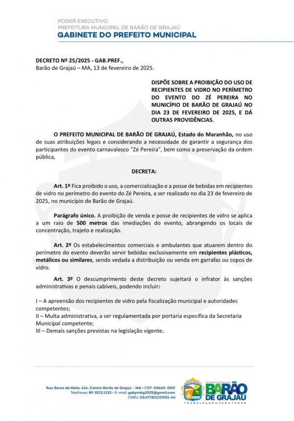 Prefeitura de Barão de Grajaú publica decreto que proíbe recipientes de vidro no evento
