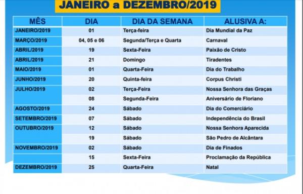 SICOMFLOR divulga lista de feriados em 2019 na cidade de Floriano.(Imagem:Divulga&ccedil;&atilde;o)