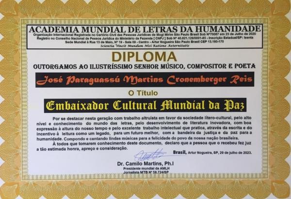 Jos&eacute; Paraguass&uacute; recebe t&iacute;tulo de Embaixador Cultural Mundial da Paz.(Imagem:Divulga&ccedil;&atilde;o)