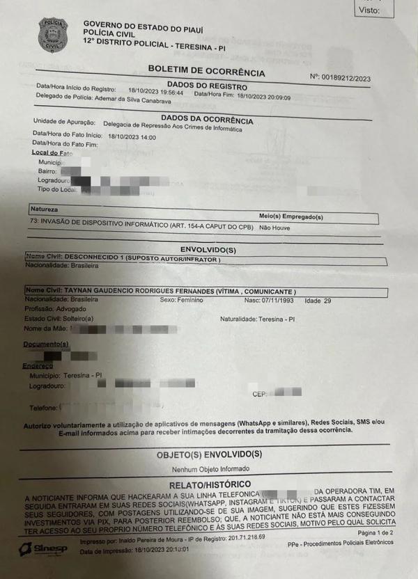 Boletim de ocorr&ecirc;ncia registrado pela influencer.(Imagem: Arquivo Pessoal)