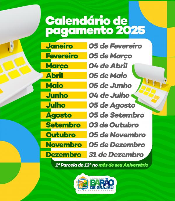 Prefeitura de Bar&atilde;o de Graja&uacute; divulga Calend&aacute;rio de Pagamento para 2025(Imagem:Divulga&ccedil;&atilde;o)