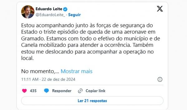 Eduardo Leite(Imagem:Reprodu&ccedil;&atilde;o/X)