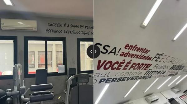  Algumas frases de supera&ccedil;&atilde;o e resili&ecirc;ncia nas paredes do CT.(Imagem:Foto 1: Figura 1: academia da base do Flamengo ? F)