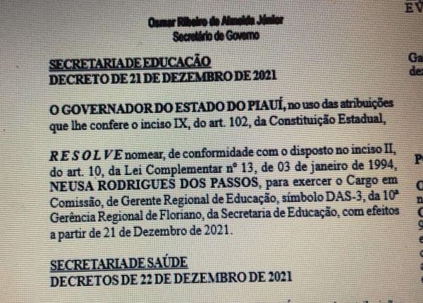Nomea&ccedil;&atilde;o foi publicada no Di&aacute;rio Oficial do Estado do Piau&iacute;.(Imagem:Divulga&ccedil;&atilde;o)