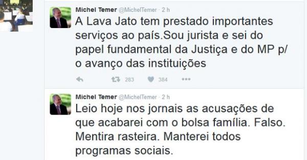 Mensagens publicadas por Michel Temer no Twitter neste s&aacute;bado (16).(Imagem:Reprodu&ccedil;&atilde;o/Twitter)