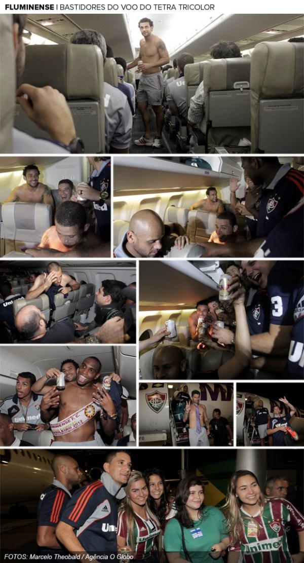 Comemoração dos jogadores e dos momentos de tensão durante suposto problema com trem de pouso do avião fretado pelo clube.(Imagem:Marcelo Theobald)
