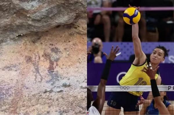 Pintura encontrada na Toca da Fuma&ccedil;a lembra v&ocirc;lei.(Imagem:Ari Lima/Luiza Moraes/COB)
