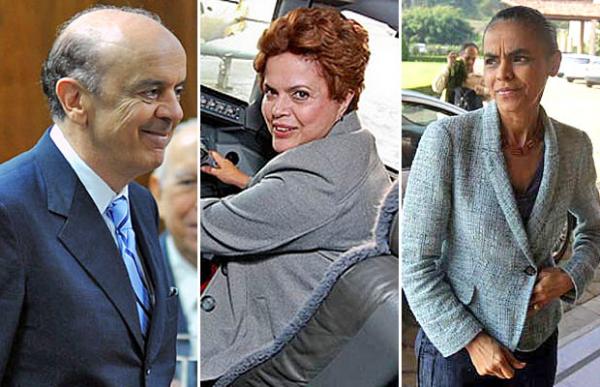 Os candidatos &agrave; Presid&ecirc;ncia Jos&eacute; Serra (PSDB), Dilma Rousseff (PT) e Marina Silva (PV)(Imagem:Rodrigues Pozzebom/Ag&ecirc;ncia Brasil, Roberto Stucker)