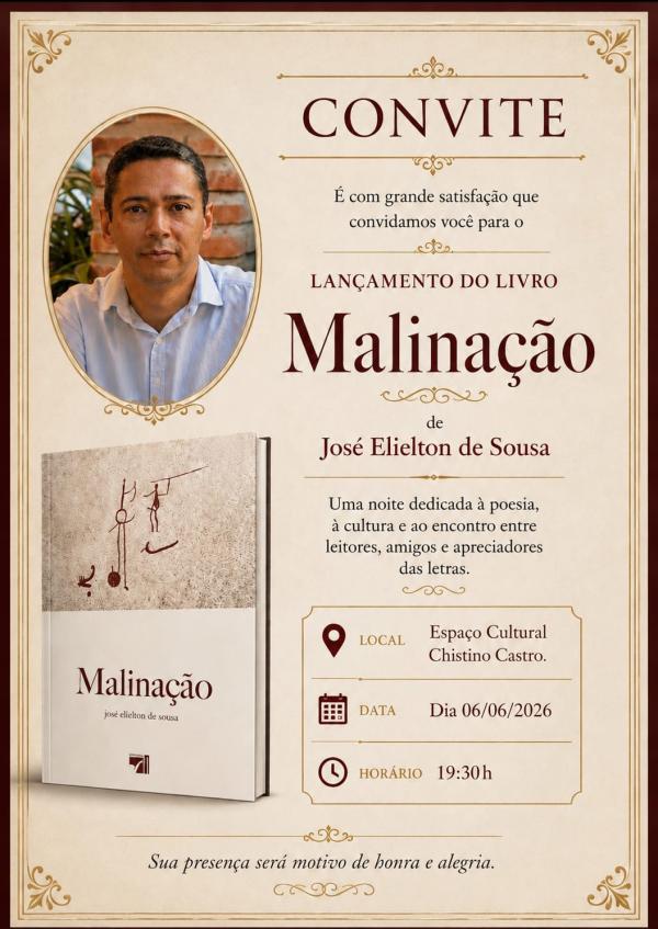 Espaço Cultural Christino Castro recebe lançamento do livro "Malinação", de José Elielton de Sousa