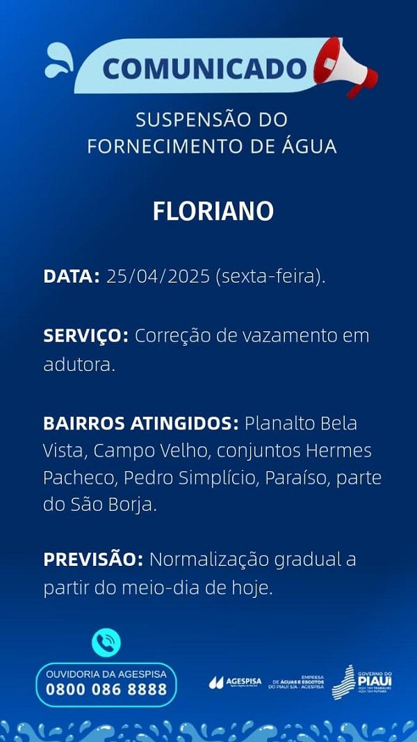  Agespisa suspende abastecimento de &aacute;gua em bairros de Floriano nesta sexta-feira (25)(Imagem:Divulga&ccedil;&atilde;o)