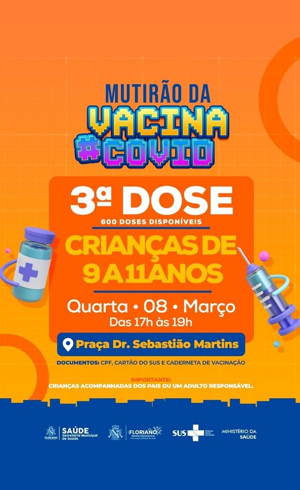 Vacinação de crianças de 9 e 11 anos contra a Covid-19 acontece nesta quarta-feira (08) em Floriano.(Imagem:Divulgação)