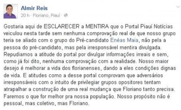 Postagem na p&aacute;gina oficial do l&iacute;der pol&iacute;tico.(Imagem:Reprodu&ccedil;&atilde;o/Facebook)