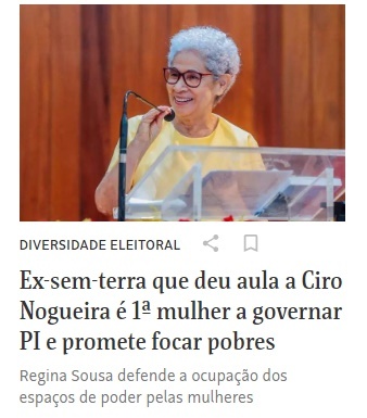 Regina Sousa é destaque na Folha: "Ex-sem-terra que deu aula a Ciro Nogueira"