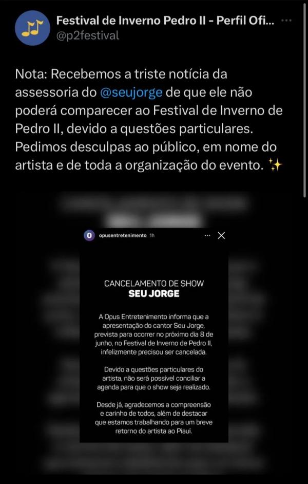  Festival de Inverno de Pedro II lamenta cancelamento do show de Seu Jorge.(Imagem: Reprodu&ccedil;&atilde;o/Redes sociais )