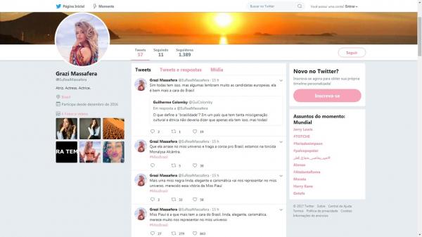  Grazi Massafera comemorou escolha de Monalysa como Miss Brasil.(Imagem:Reprodu&ccedil;&atilde;o / Twitter)