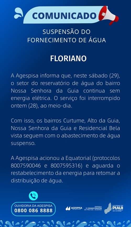 Abastecimento de água segue suspenso em bairros de Floriano