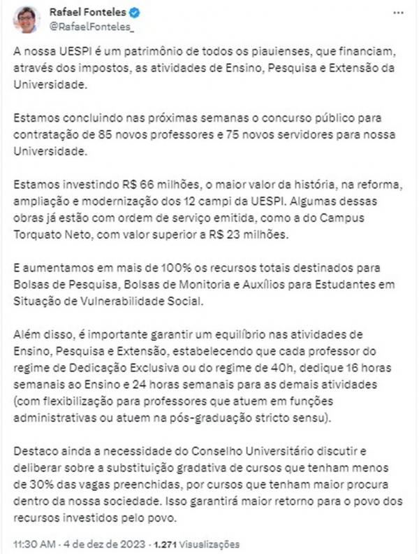 Rafael Fonteles anuncia melhorias para a Uespi.(Imagem:Reprodu&ccedil;&atilde;o/X)