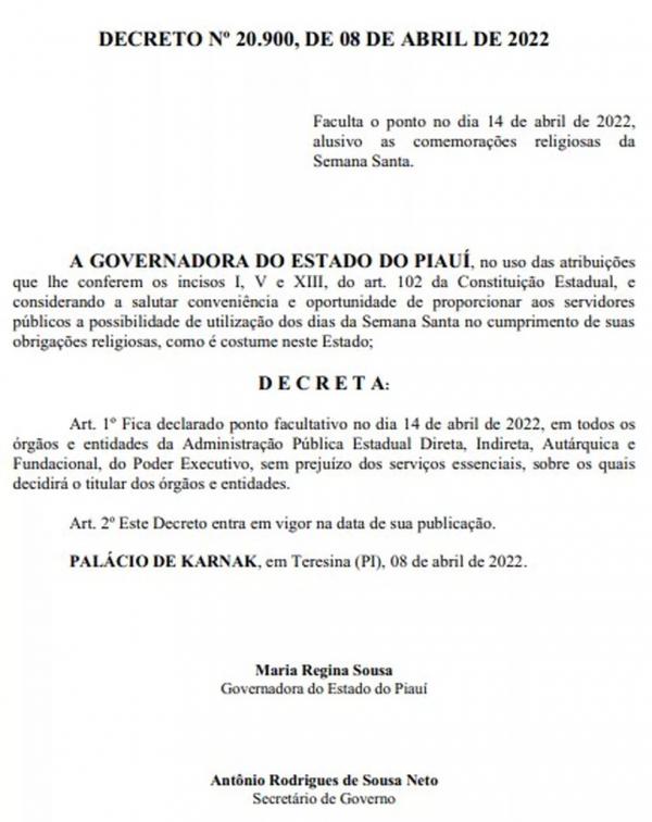  Governo do Piau&iacute; decreta ponto facultativo para reparti&ccedil;&otilde;es estaduais no dia 14 de abril.(Imagem:Reprodu&ccedil;&atilde;o/Di&aacute;rio Oficial do Governo do Piau&iacute; )