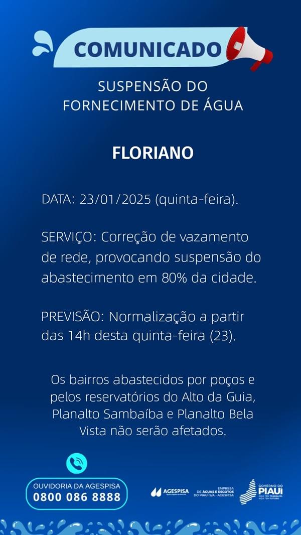 Agespisa anuncia suspens&atilde;o tempor&aacute;ria do fornecimento de &aacute;gua em Floriano(Imagem:Divulga&ccedil;&atilde;o)