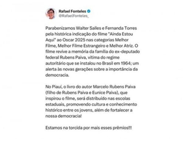 Em suas redes sociais, o governador Rafael Fonteles anunciou que a Seduc adotar&aacute; o livro escrito pelo jornalista Marcelo Rubens Paiva.(Imagem:Reprodu&ccedil;&atilde;o)