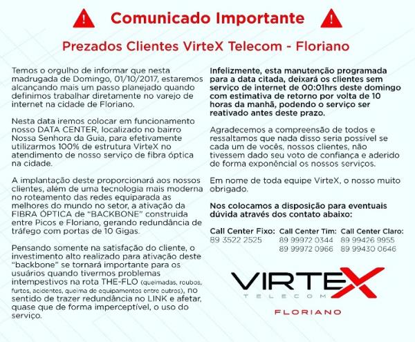 Virtex Telecom implanta nova tecnologia no servi&ccedil;o de fibra &oacute;ptica em Floriano.(Imagem:Virtex Telecom)