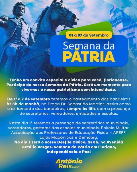 Floriano comemora a Semana da Pátria de 1º a 7 de setembro com celebrações especiais