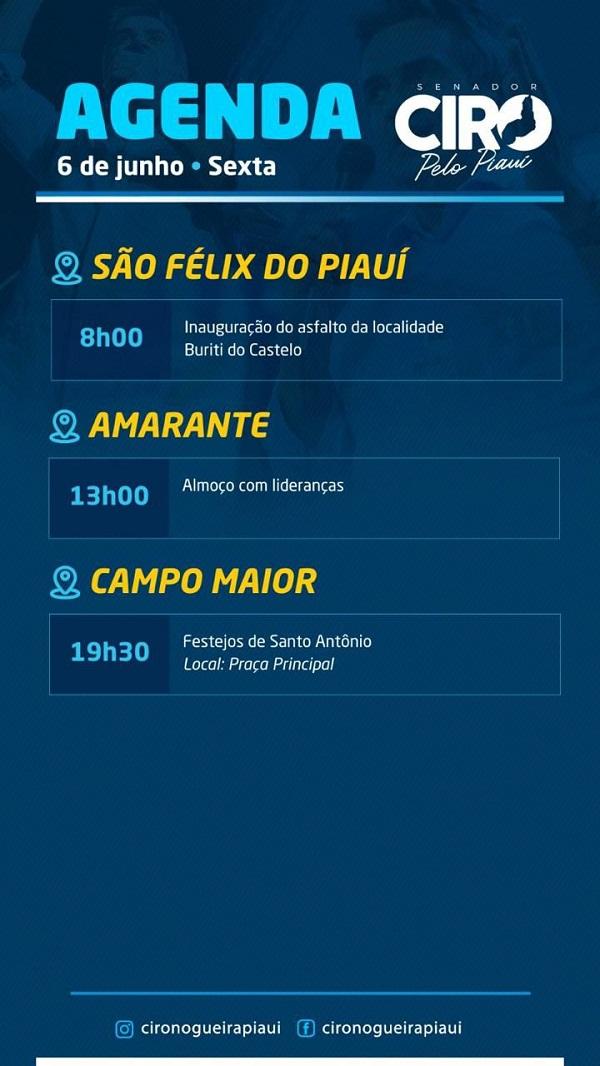 Ciro Nogueira inaugura estrada e cumpre agenda pelo interior do estado