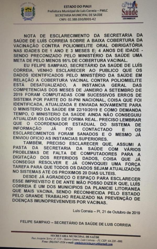  Nota da Secretaria de Sa&uacute;de de Lu&iacute;s Correia quanto &agrave; cobertura vacinal contra a poliomielite.(Imagem: Divulga&ccedil;&atilde;o )
