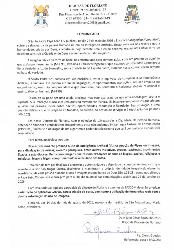 Diocese de Floriano restringe uso de inteligência artificial em materiais de comunicação da Igreja.(Imagem:Divulgação)