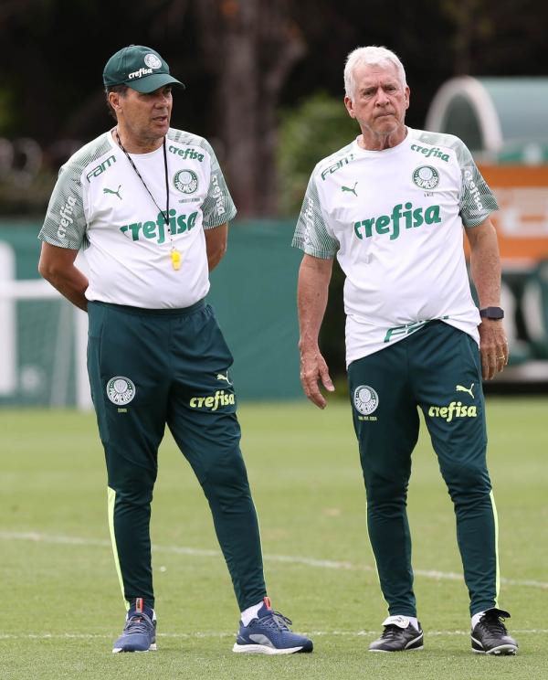 Vanderlei Luxemburgo e Ant&ocirc;nio Mello durante treino do Palmeiras(Imagem:Cesar Greco / Ag Palmeiras)