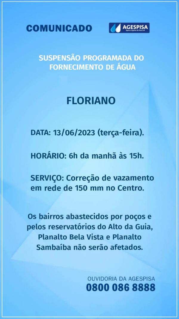 Agespisa anuncia suspensão programada no fornecimento de água em Floriano