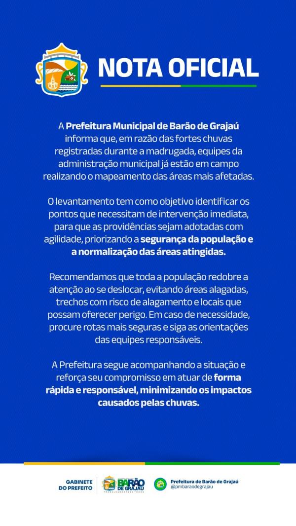 Prefeitura de Barão de Grajaú mobiliza equipes após fortes chuvas e orienta população.(Imagem:Divulgação)