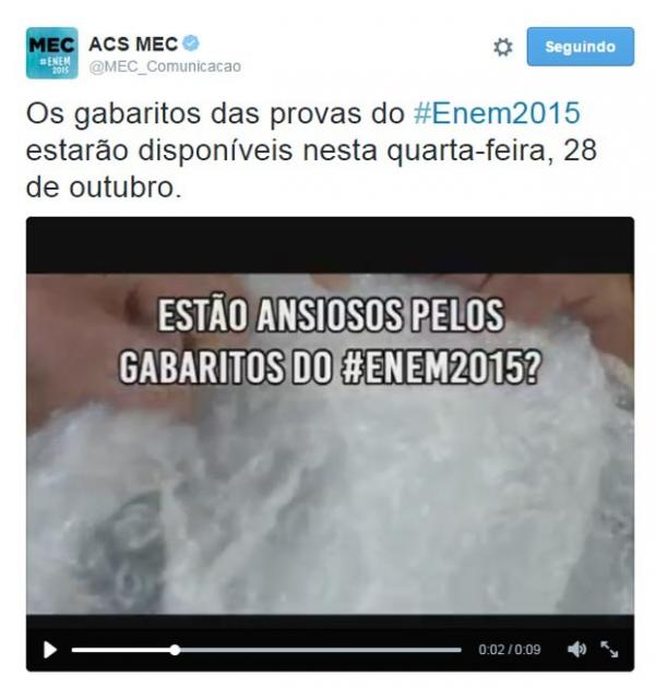 MEC diz que gabarito oficial do Enem 2015 ser&aacute; divulgado na quarta-feira.(Imagem: Reprodu&ccedil;&atilde;o/Twitter)