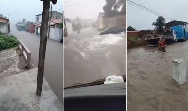 Chuva torrencial alaga ruas e água invade casas em Buriti dos Lopes