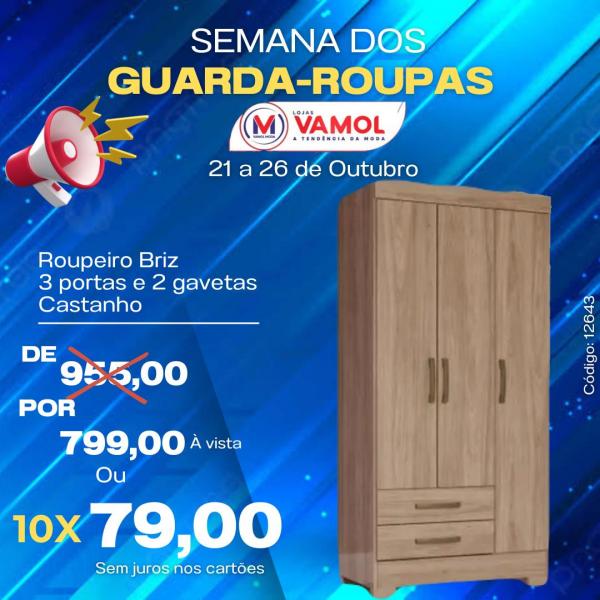 Roupeiro Briz 3 portas e 2 gavetas: de R$ 955,00 por R$ 799,00.(Imagem:Divulga&ccedil;&atilde;o)