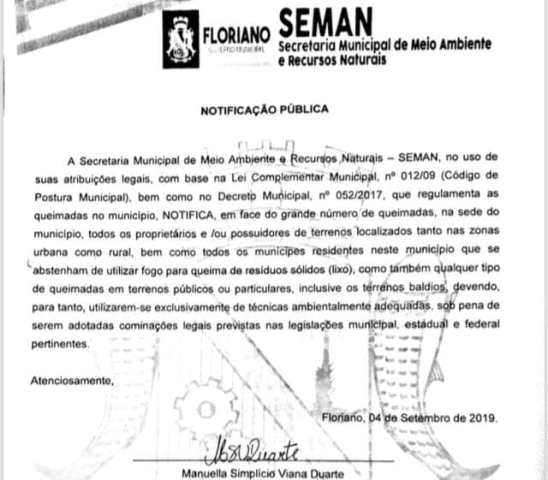 SEMAN divulga notificação pública sobre queimadas irregulares em Floriano