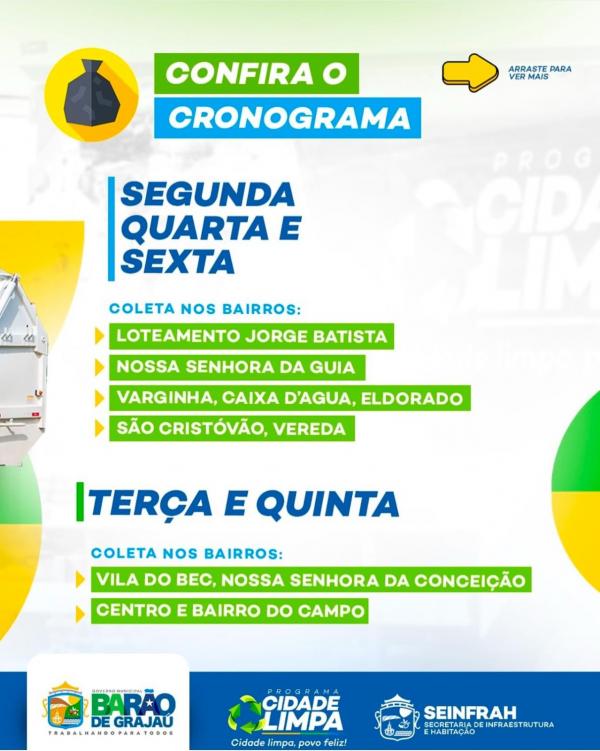 Prefeitura de Bar&atilde;o de Graja&uacute; refor&ccedil;a cronograma de coleta de lixo dom&eacute;stico.(Imagem:Divulga&ccedil;&atilde;o)