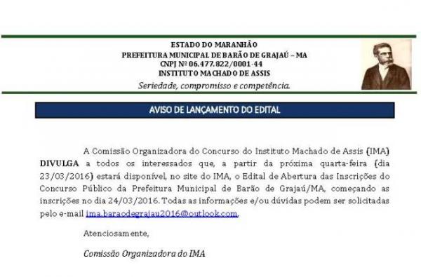 Concurso público da Prefeitura de Barão de Grajaú será aberto nesta quinta.(Imagem:Reprodução)