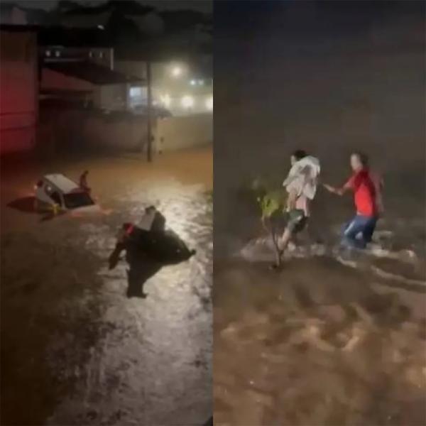 Pessoas ficam ilhadas com carros em rua alagada durante chuva na Zona Leste de Teresina.(Imagem:Reprodu&ccedil;&atilde;o)