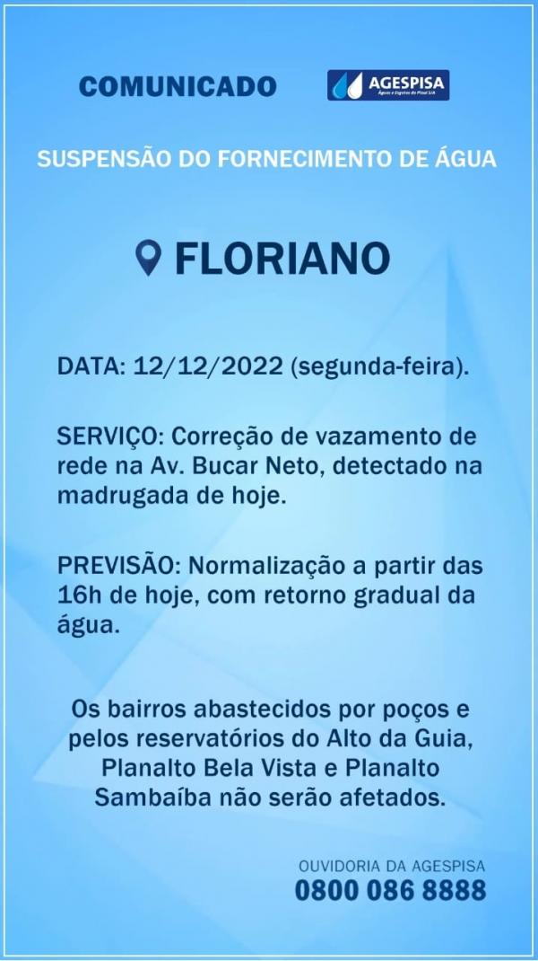Agespisa suspende fornecimento de água nesta segunda-feira em Floriano