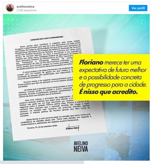 Pol&iacute;tico lamentou que for&ccedil;as de oposi&ccedil;&atilde;o n&atilde;o tenham se unido e anunciou desist&ecirc;ncia da pr&eacute;-candidatura &agrave; prefeito da cidade.(Imagem:Reprodu&ccedil;&atilde;o/Instagram)