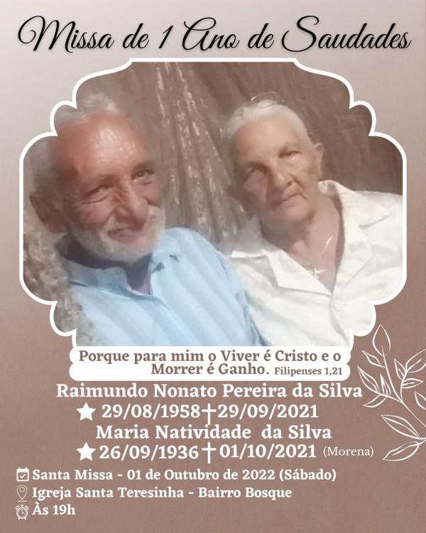 01 ano do falecimento de Raimundo Nonato e Maria Natividade (Morena)(Imagem:Reprodu&ccedil;&atilde;o)