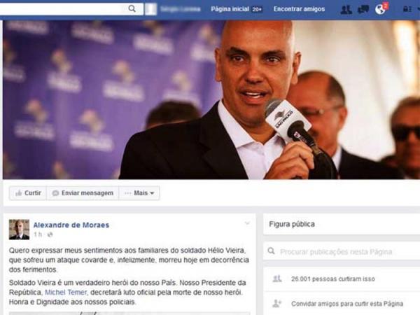 Ministro da Justi&ccedil;a, Alexandre de Moraes, presta solidariedade &agrave; fam&iacute;lia de militar morto no Rio.(Imagem: Reprodu&ccedil;&atilde;o / Facebook de Alexandre de Moraes)