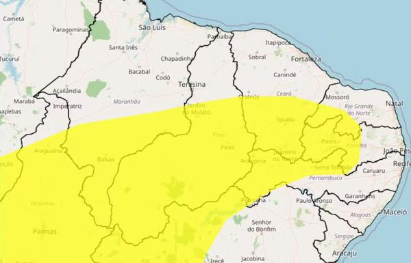 Mapa do Inmet com &aacute;rea afetada por aviso de baixa umidade.(Imagem:Reprodu&ccedil;&atilde;o/Inmet)