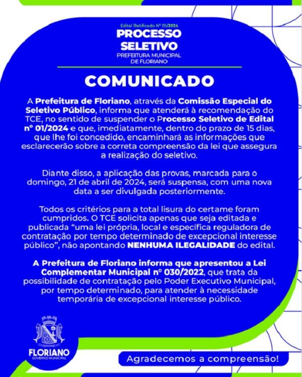  Prefeitura de Floriano suspende Processo Seletivo P&uacute;blico em conformidade com recomenda&ccedil;&atilde;o do TCE.(Imagem:Reprodu&ccedil;&atilde;o/Instagram)