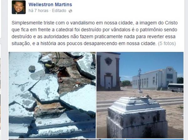 Vandalismo em Oeiras repercutiu nas redes sociais.(Imagem:Reprodu&ccedil;&atilde;o/Facebook)