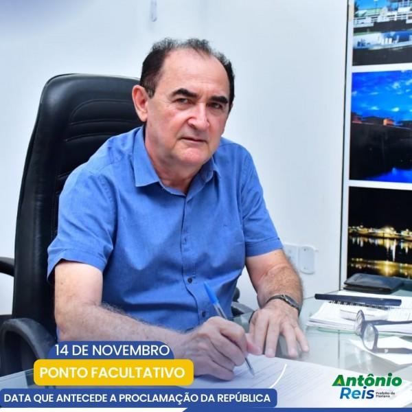 Floriano: Prefeito Antônio Reis decreta ponto facultativo nesta segunda-feira